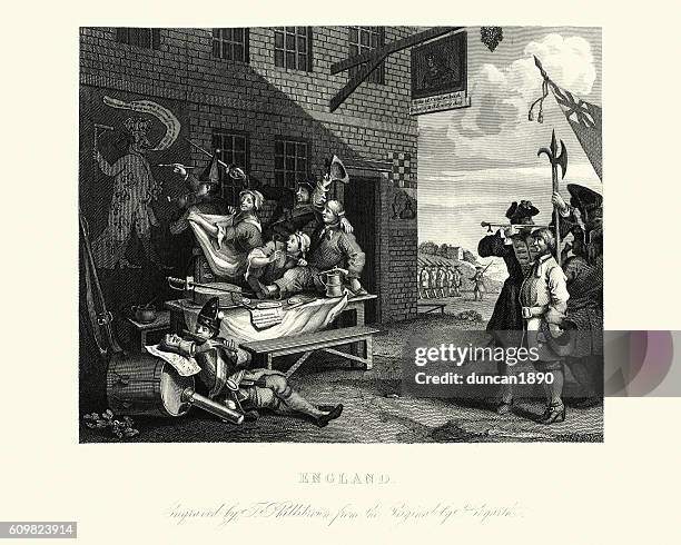 william hogarth's england - flute player stock illustrations