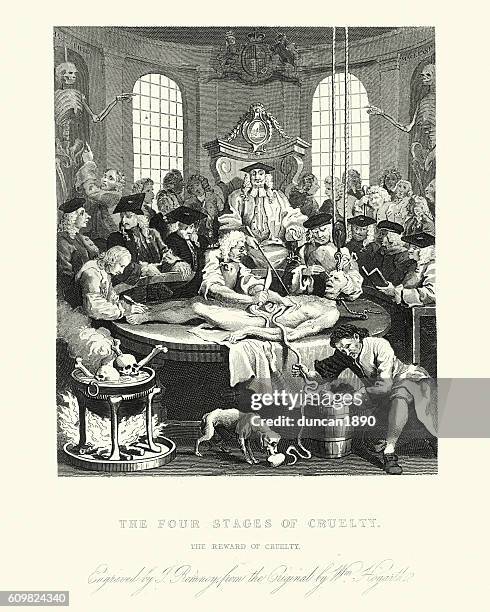 ilustraciones, imágenes clip art, dibujos animados e iconos de stock de la recompensa de la crueldad, de william hogarth - autopsia