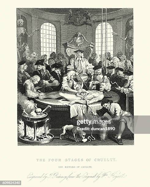 bildbanksillustrationer, clip art samt tecknat material och ikoner med william hogarth's the reward of cruelty - cadaver dissection