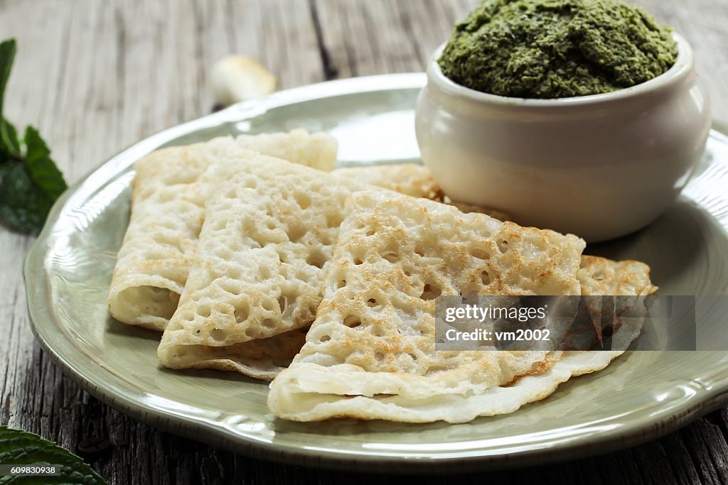Rice Crepes Rice Dosa With Mint Chutney Selective Focus High-Res Stock ...
