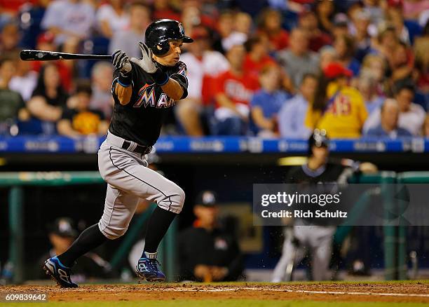 Ichiro Suzuki of the Miami Marlins in action against the Philadelphia Phillies during the fourth inning of a game at Citizens Bank Park on September...