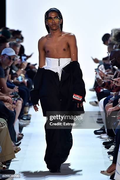 Model walks the runway at the Hood By Air designed by Shayne Oliver show at The Arc, Skylight at Moynihan Station on September 11, 2016 in New York...