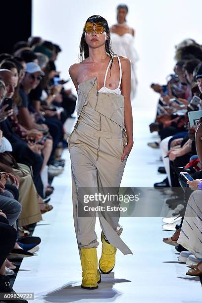 Model walks the runway at the Hood By Air designed by Shayne Oliver show at The Arc, Skylight at Moynihan Station on September 11, 2016 in New York...