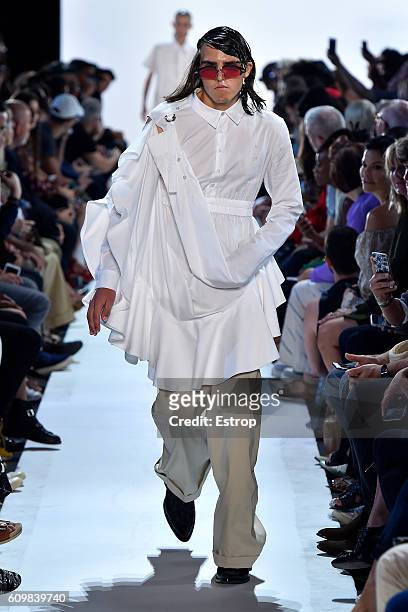 Model walks the runway at the Hood By Air designed by Shayne Oliver show at The Arc, Skylight at Moynihan Station on September 11, 2016 in New York...