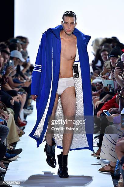 Model walks the runway at the Hood By Air designed by Shayne Oliver show at The Arc, Skylight at Moynihan Station on September 11, 2016 in New York...