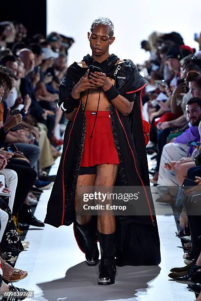 Model walks the runway at the Hood By Air designed by Shayne Oliver show at The Arc, Skylight at Moynihan Station on September 11, 2016 in New York...