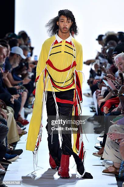 Model walks the runway at the Hood By Air designed by Shayne Oliver show at The Arc, Skylight at Moynihan Station on September 11, 2016 in New York...