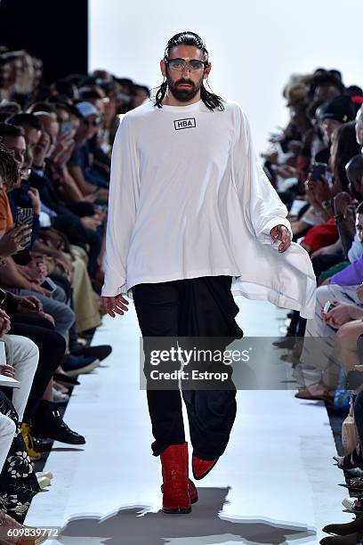 Model walks the runway at the Hood By Air designed by Shayne Oliver show at The Arc, Skylight at Moynihan Station on September 11, 2016 in New York...