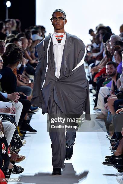 Model walks the runway at the Hood By Air designed by Shayne Oliver show at The Arc, Skylight at Moynihan Station on September 11, 2016 in New York...