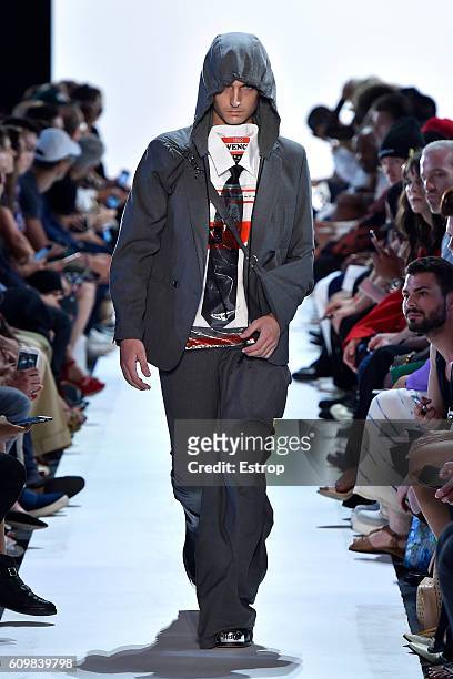 Model walks the runway at the Hood By Air designed by Shayne Oliver show at The Arc, Skylight at Moynihan Station on September 11, 2016 in New York...