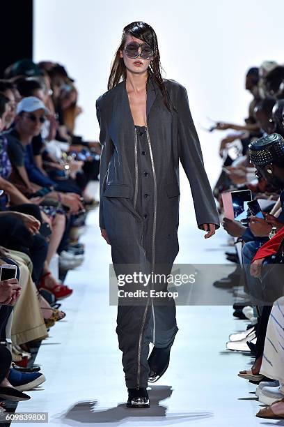 Model walks the runway at the Hood By Air designed by Shayne Oliver show at The Arc, Skylight at Moynihan Station on September 11, 2016 in New York...