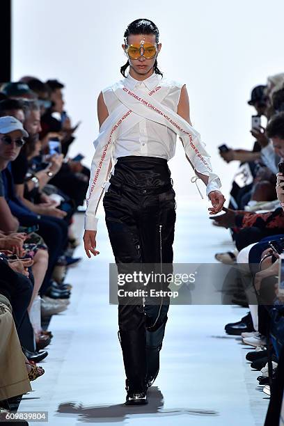 Model walks the runway at the Hood By Air designed by Shayne Oliver show at The Arc, Skylight at Moynihan Station on September 11, 2016 in New York...