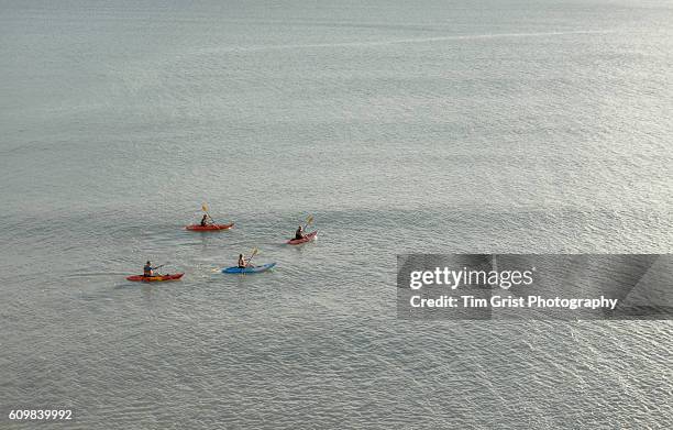 four people kayaking on the sea - kayaking sul mare foto e immagini stock