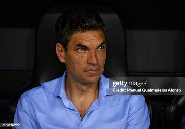 Deportivo Alaves manager Mauricio Pellegrino looks on prior to the La Liga match between Valencia CF and Deportivo Alaves at Mestalla Stadium on...