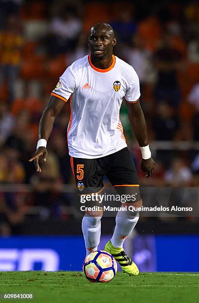 Jose Eliaquim Mangala of Valencia runs with the ball during the La Liga match between Valencia CF and Deportivo Alaves at Mestalla Stadium on...