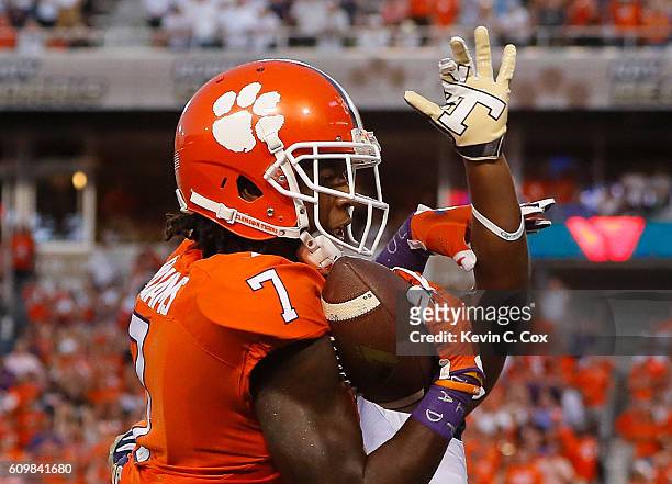 Mike Williams of the Clemson Tigers pulls in this touchdown reception against Lance Austin of the Georgia Tech Yellow Jackets at Bobby Dodd Stadium...