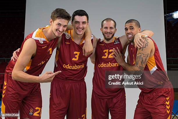 Tibor Pleiss, #21 of Galatasaray Odeabank Istanbul; Emir Preldzic, #3; Sinan Guler, #32 and Blake Schilb, #10 poses during the 2016/2017 Turkish...