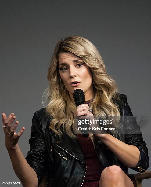 Grace Helbig part of "YouTube's holy trinity" speaks during a moderated discussion and Q&A about "Dirty 30" at Apple SoHo on September 22, 2016 in...