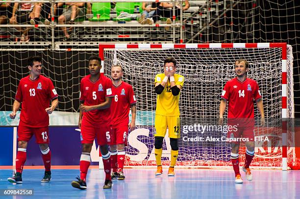 Goalkeeper Rovshan Huseynli of Azerbaijan celebrates next to his teammates Gallo , Fineo , Eduardo and Vitaliy Borisov after scoring a goal during...