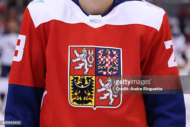 Tournament jersey for Team Czech Republic prior to the game against Team USA during the World Cup of Hockey 2016 at Air Canada Centre on September...