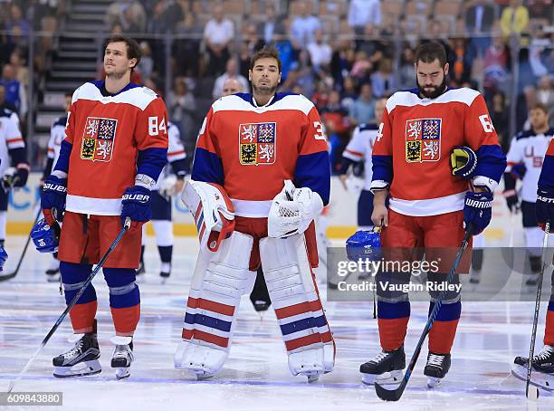 Tomas Kundratek, Michal Neuvirth and Roman Polak of Team Czech Republic line up prior to the game against Team USAduring the World Cup of Hockey 2016...