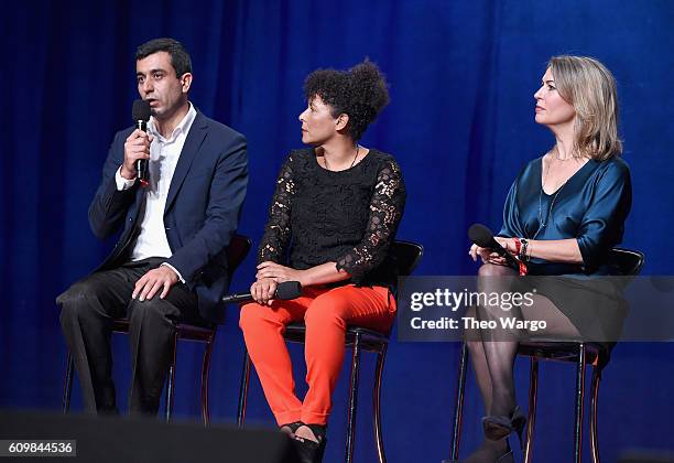 Co-founder of Yazda Murad Ismail, journalist Mariane Pearl, and filmmaker Michele Mitchell speak onstage during Global Citizen: The World On Stage at...