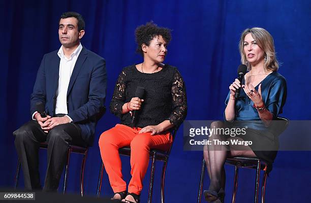 Co-founder of Yazda Murad Ismail, journalist Mariane Pearl, and filmmaker Michele Mitchell speak onstage during Global Citizen: The World On Stage at...