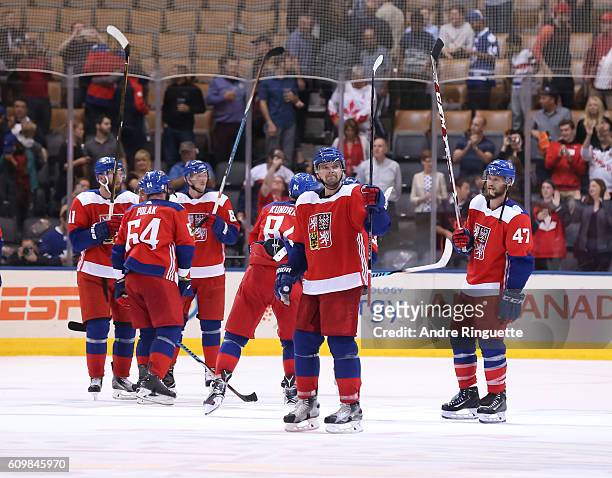 Team Czech Republic salutes the crowd after a 4-3 win over Team USA during the World Cup of Hockey 2016 at Air Canada Centre on September 22, 2016 in...