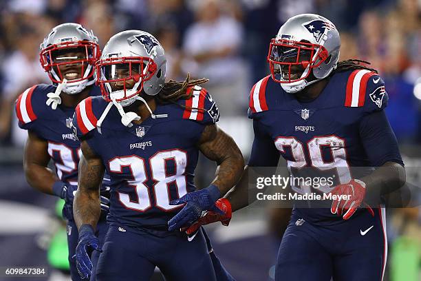 LeGarrette Blount of the New England Patriots celebrates with Brandon Bolden after scoring a touchdown during the fourth quarter against the Houston...