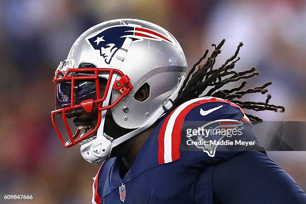 LeGarrette Blount of the New England Patriots reacts after scoring a touchdown during the fourth quarter against the Houston Texans at Gillette...