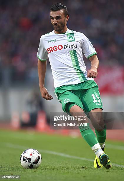 Serdar Dursun of Fuerth runs with the ball during the Second Bundesliga match between 1. FC Nuernberg and SpVgg Greuther Fuerth at Grundig Stadion on...