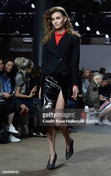 Model walks the runway at the Topshop Unique show during London Fashion Week Spring/ Summer 2017 on September 18, 2016 in London, United Kingdom.