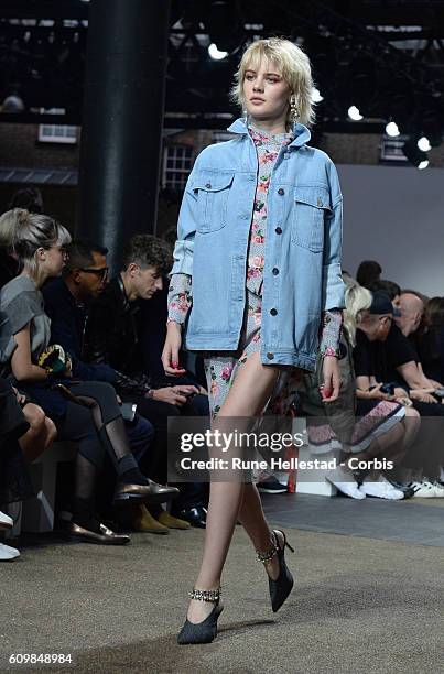 Model walks the runway at the Topshop Unique show during London Fashion Week Spring/ Summer 2017 on September 18, 2016 in London, United Kingdom.