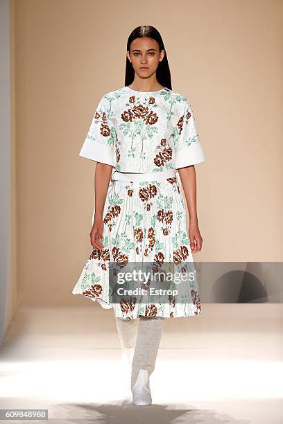 Model walks the runway at the Victoria Beckham show at The Cunard Building on September 11, 2016 in New York City.