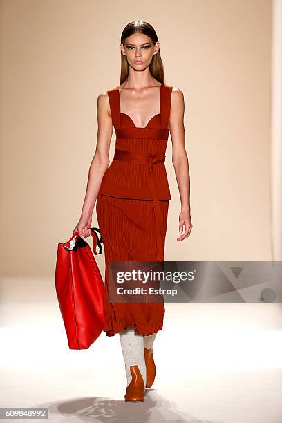 Model walks the runway at the Victoria Beckham show at The Cunard Building on September 11, 2016 in New York City.