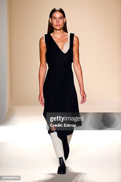 Model walks the runway at the Victoria Beckham show at The Cunard Building on September 11, 2016 in New York City.