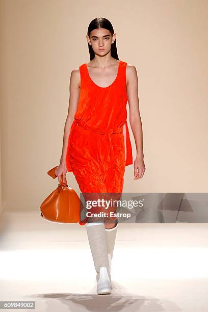 Model walks the runway at the Victoria Beckham show at The Cunard Building on September 11, 2016 in New York City.