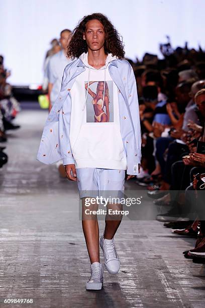 Model walks the runway at the Alexander Wang show at The Arc, Skylight at Moynihan Station on September 10, 2016 in New York City.