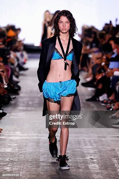 Model walks the runway at the Alexander Wang show at The Arc, Skylight at Moynihan Station on September 10, 2016 in New York City.