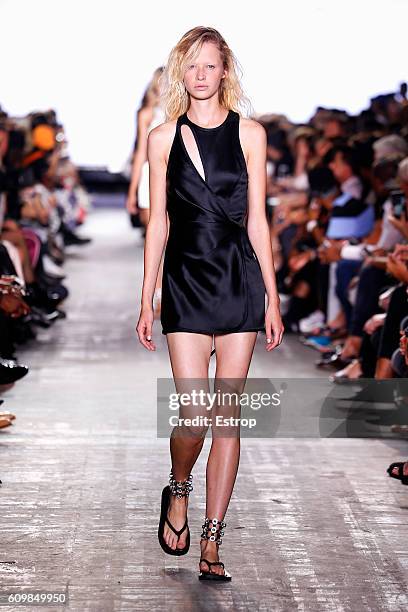 Model walks the runway at the Alexander Wang show at The Arc, Skylight at Moynihan Station on September 10, 2016 in New York City.