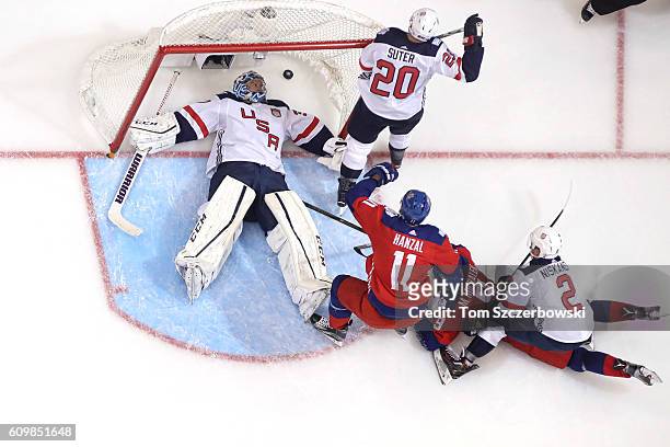 Ben Bishop of Team USA is beaten on a goal resulting from a goalmouth scramble by Milan Michalek of Team Czech Republic during the World Cup of...