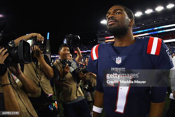 Jacoby Brissett of the New England Patriots reacts after defeating the Houston Texans 27-0 at Gillette Stadium on September 22, 2016 in Foxboro,...