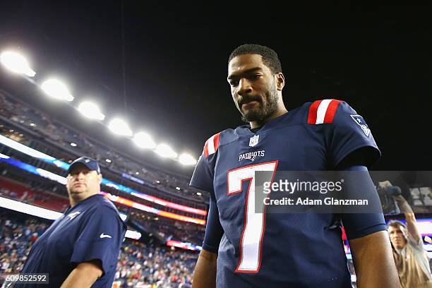 Jacoby Brissett of the New England Patriots runs off the field after defeating the Houston Texans 27-0 at Gillette Stadium on September 22, 2016 in...