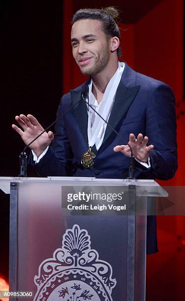 Prince Royce receives an Inspira Award during the 29th Hispanic Heritage Awards at the Warner Theatre on September 22, 2016 in Washington, DC.