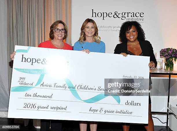 Regina Bette, CEO and President of Aviva Family and Children's Services, actress Ellen Pompeo, and Tiffani Carter-Thompson, Vice President, Global...