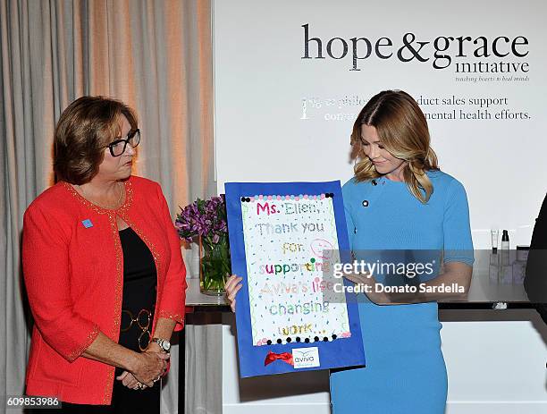 Regina Bette, CEO and President of Aviva Family and Children's Services, and actress Ellen Pompeo attend The Age of Cool hosted by Philosophy and...