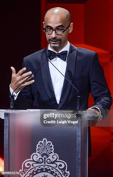 Junot Diaz receives a Literature Award during the 29th Hispanic Heritage Awards at the Warner Theatre on September 22, 2016 in Washington, DC.