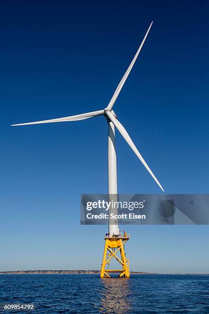 The GE-Alstom Block Island Wind Farm stands 3 miles off of Block Island on September 22, 2016 New Shoreham, Rhode Island. The five 6-megawatt wind...