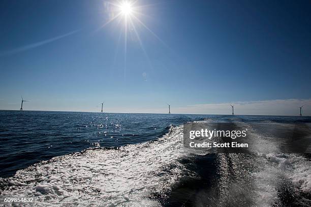 The GE-Alstom Block Island Wind Farm stands 3 miles off of Block Island on September 22, 2016 New Shoreham, Rhode Island. The five 6-megawatt wind...