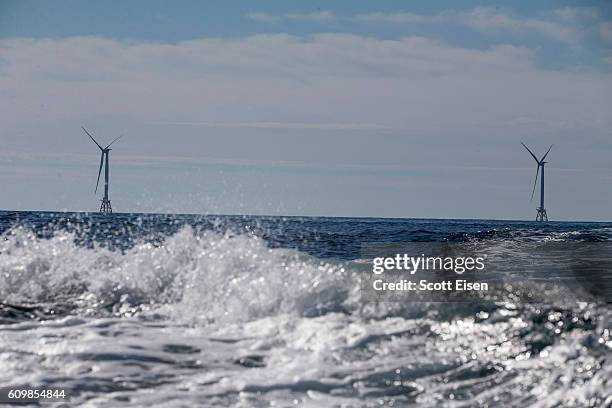 The GE-Alstom Block Island Wind Farm stands 3 miles off of Block Island on September 22, 2016 New Shoreham, Rhode Island. The five 6-megawatt wind...